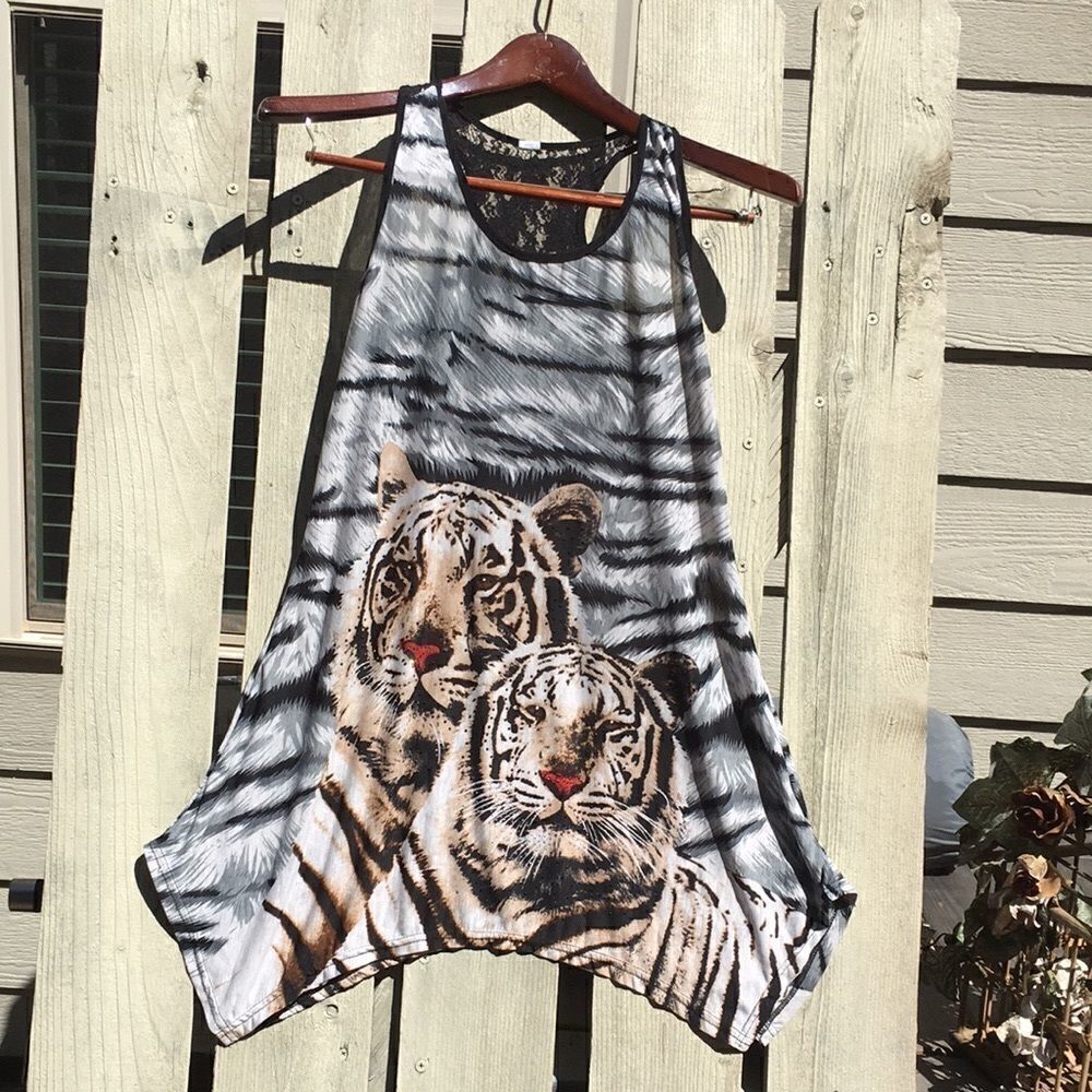 Tiger Print Shark Bottom Lace Racer Back Tank